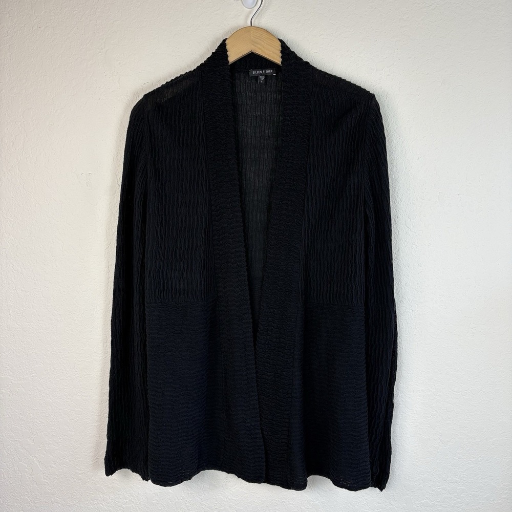 Eileen Fisher L Cotton Linen Cardigan Open Front Black Beach Lagenlook Textured